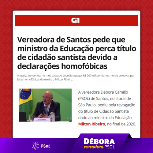 Vereadora de Santos pede que ministro da educação perca Título de Cidadão Santista devido à declarações homofóbicas