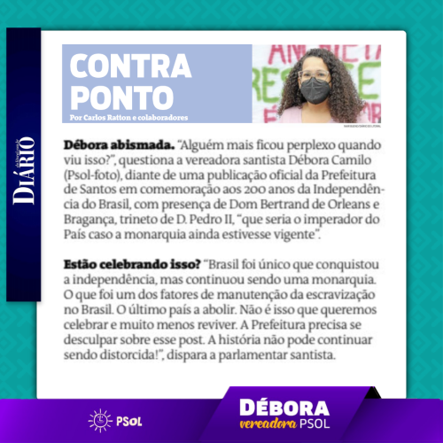 Débora Camilo questiona uma publicação oficial da Prefeitura de Santos