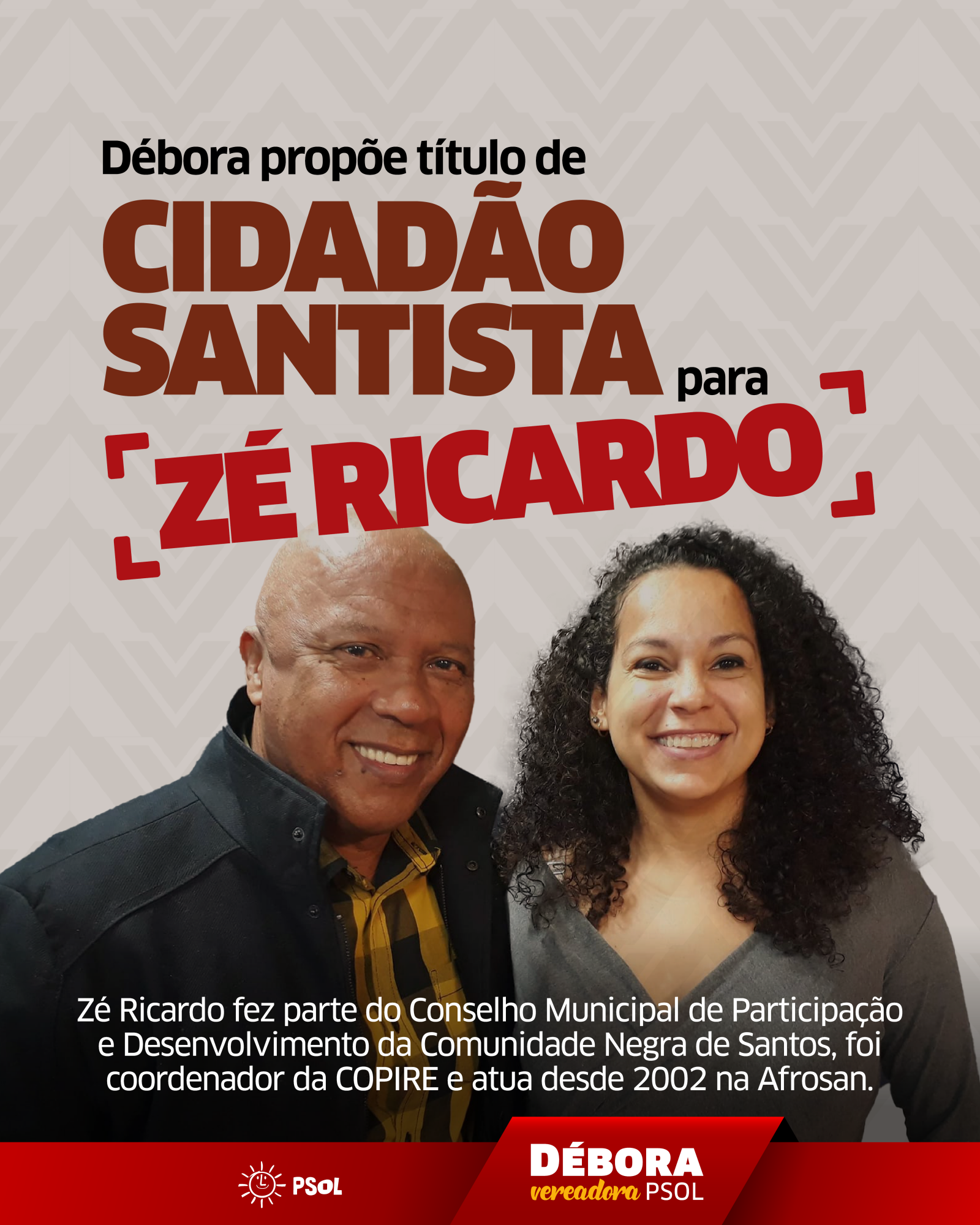 Débora Camilo protocola projeto para homenagear Zé Ricardo, primeiro coordenador de Promoção da Igualdade Racial de Santos